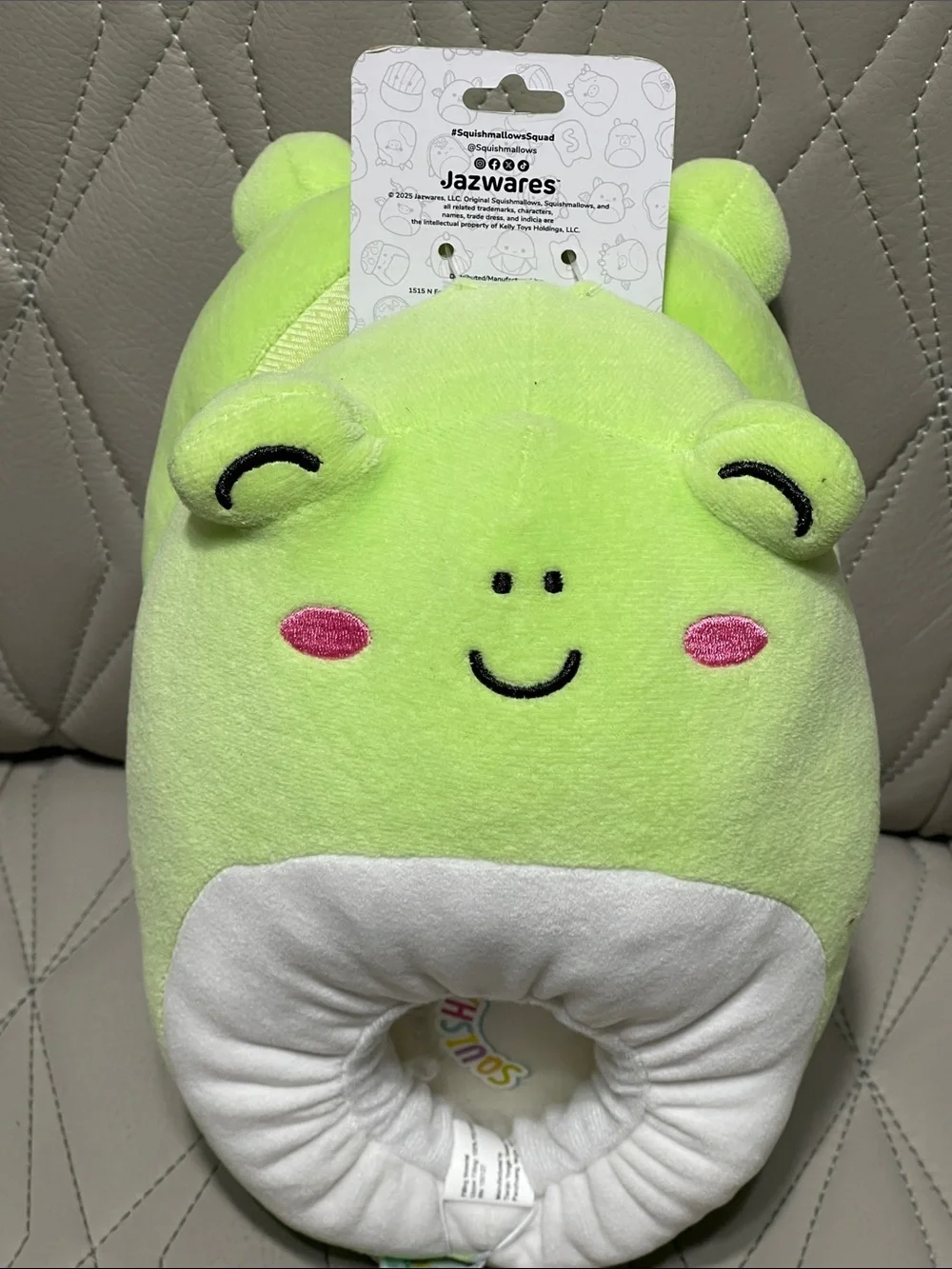 Squishmallows Lime Green Frog 🐸 slippers with White Belly and Pink Cheeks